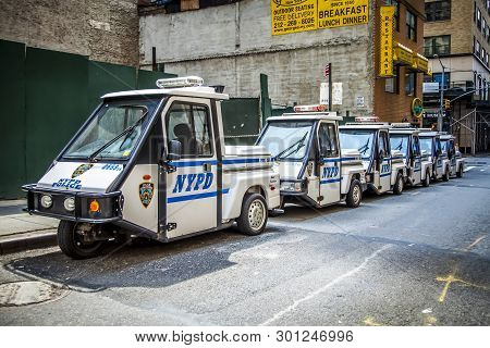 New York City, Usa - July 7, 2018; Nyc Police Department Three Wheel Cars Aka Three-wheelers On A St
