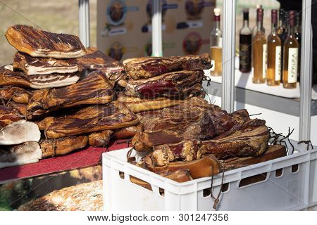 Traditional Serbian Pork Called Slanina. Serbian Pancetta. Market, Street Food, Food Festival. Balka