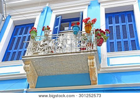 Traditional House In Blue And Turquoise Colors At Nafplio Town Argolis Greece