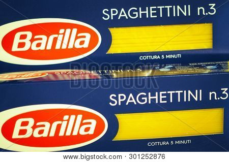 Volzhsky, Russia - Apr 26, 2019: Products Of Hypermarket Sale Of Pasta Barilla Beverages In The Metr