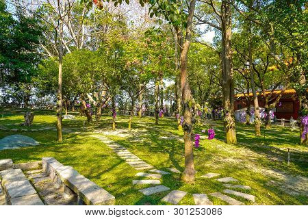 Tainan, Taiwan - April 13, 2019 : Sicao Dazhong Temple. Tainan Sicao Green Tunnel Ecological Park.
