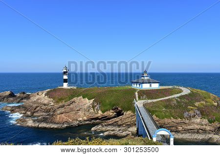 Island With Two Lighthouses, Cliff And Violet Flowers. Sunny Day, Isla Pancha, Ribadeo, Spain.