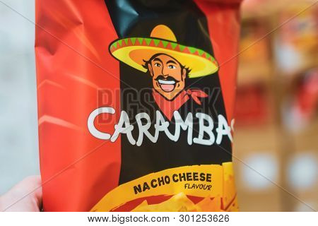 Volzhsky, Russia - Apr 26, 2019: Products Of Hypermarket Sale Of Carambas Corn Chips Beverages In Th