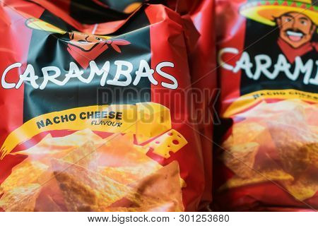 Volzhsky, Russia - Apr 26, 2019: Products Of Hypermarket Sale Of Carambas Corn Chips Beverages In Th