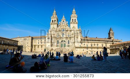 Santiago De Compostela , Spain - May 12, 2019: Tourists And Pilgrims Roam The Streets Where Magnific