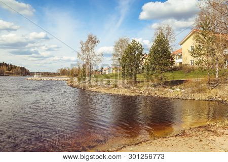 Beautiful Views Of The Lake, The Houses, Birch And Forest. Finnish Landscape. Lakes And Valleys. Sum