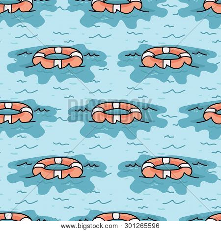 Cute Lifering Floating On The Sea Cartoon Seamless Vector Pattern.