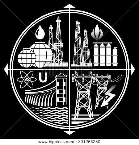 Energy Resources: Oil, Gas, Electricity, Nuclear And Hydro Power. Industry Emblem Of Energy Extracti