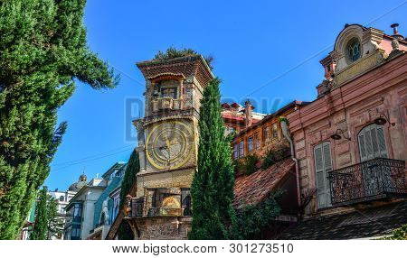 Tbilisi, Georgia - Sep 23, 2018. Falling Clock Tower Of Rezo Gabriadze Puppet Theater In Old Town Of