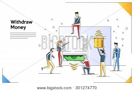 Vector Line Art Illustration Virtual Business Assistant. Money, Management Of Investment In Cards. C