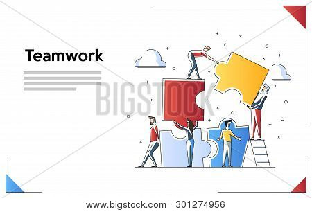 Teamwork Concept Banner. Can Use For Web Banner, Infographics, Hero Images. Flat Line Art Vector Ill