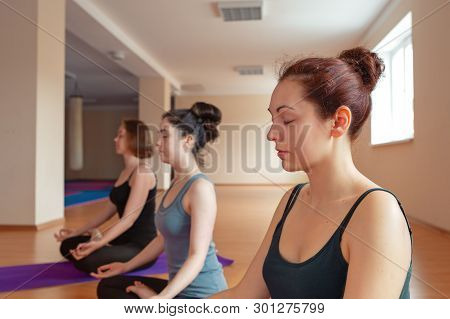 Group Of Young Women Doing Meditation In Yoga Class. Relax And Maditation