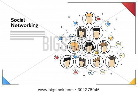 Vector Illustrations Of Social Media Circles, Faces. Network Illustration, Flat Line Art Style Conce