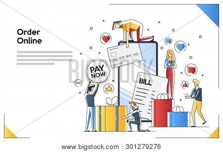 Order Online Flat Line Art Style Concept With Tiny People. Customer Order, Online Infographic. Flat 