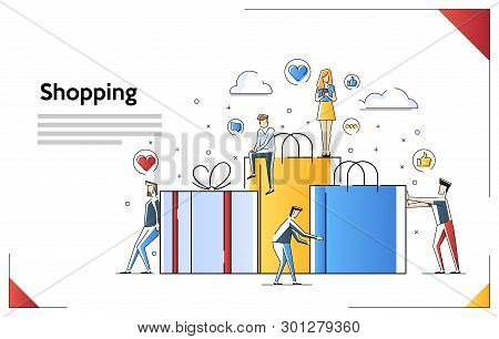 Gift Present Set Tiny People Concept. Wallpaper Banner Flat Line Art Style Concept. Can Use For Web 
