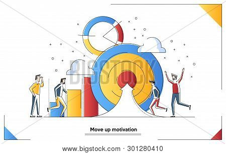 Vector Illustration, People Run To Their Goal On The Column Of Columns, Move Up Motivation, The Path