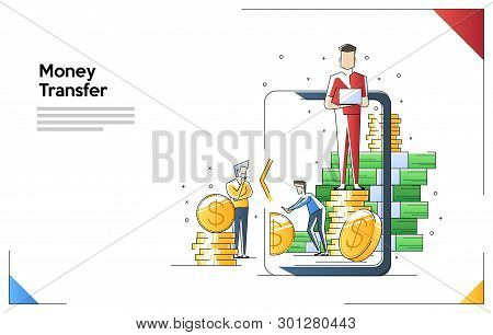 Vector Illustration Concept Of Money Transfer From Table To People Flat Character, Online Payment.