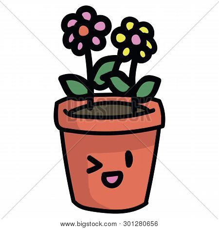 Cute Terracota Pot With Flowers And Kawaii Face Cartoon Vector Illustration Motif Set.