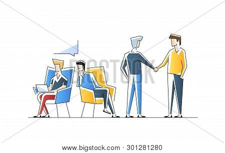 Men Take Part In Business Meeting, Formal Discussion, Conference. Male Characters Talk To Each Other