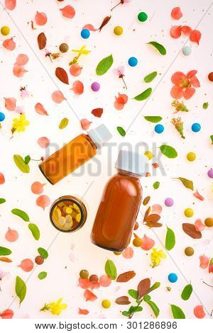 Recreational Drugs Conceptual Flat Lay Top View Of Various Medication On Colorful Background