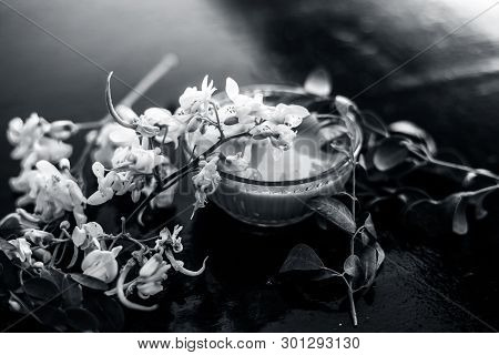 Ayurvedic Herb Drumstick Flowers Along With Some Leaves On Wooden Surface Along With Its Paste In A 