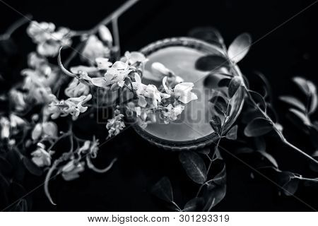 Ayurvedic Herb Drumstick Flowers Along With Some Leaves On Wooden Surface Along With Its Paste In A 