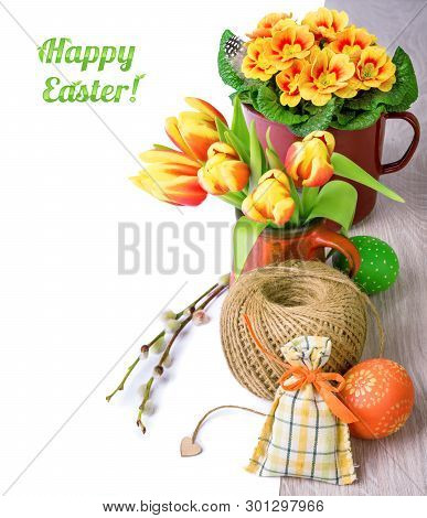 Easter Arragement With Spring Flowers And Eggs On Wood, Left Side Isolated On White. Space For Your 