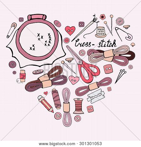 Set Of Hand Drawn Elements For Cross-stich In Heart Shape