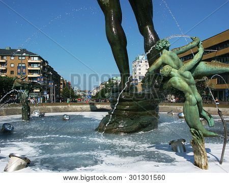 Gothenburg, Sweden - August 9, 2003: Close-up Of The Sculpture And Fountain Poseidon By Carl Milles 