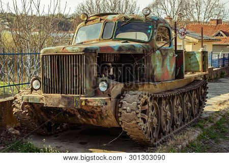Krasen Village, Bulgaria - April 01, 2017. Old Crawler On The Side Of The Road In The Krasen Village