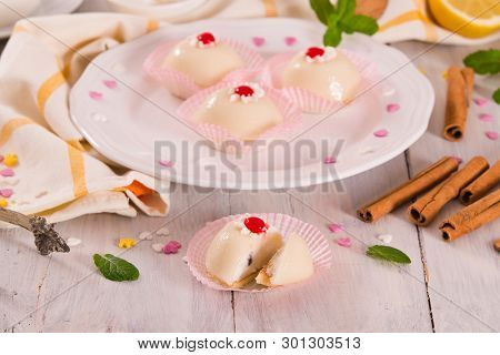 Sicilian Ricotta Cake (cassata) On White Dish.