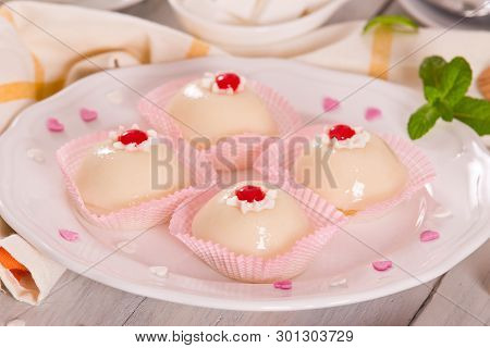 Sicilian Ricotta Cake (cassata) On White Dish.
