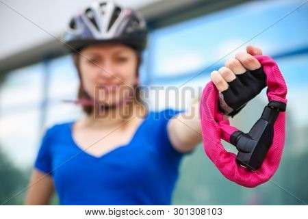 Girl With Bicycle  Lock. Bicycle U- Lock