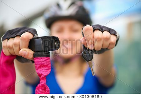 Girl With Bicycle  Lock. Bicycle U- Lock
