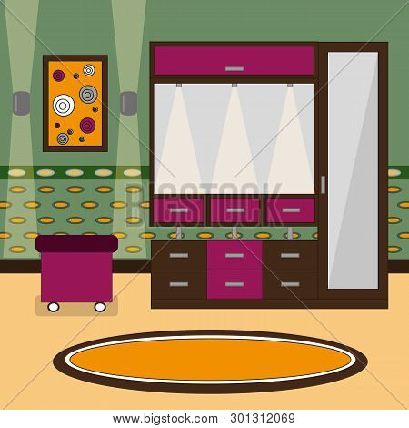 Modern Interior Hallway With Wordrobe, Mirror And Pouf. Flat Style. Vector Illustration.