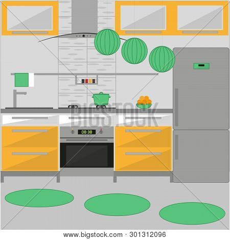 Kitchen Interior With Furniture. Including Stove, Fridge, Cooker Hood, Oven, Pot, Fruits. Flat Style