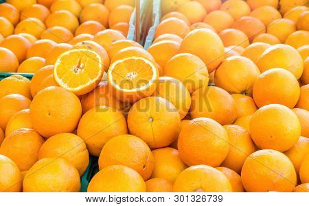 Fresh Oranges For Sale In Local Farmers Market Place On Stall. Agriculture And Fruits Product.