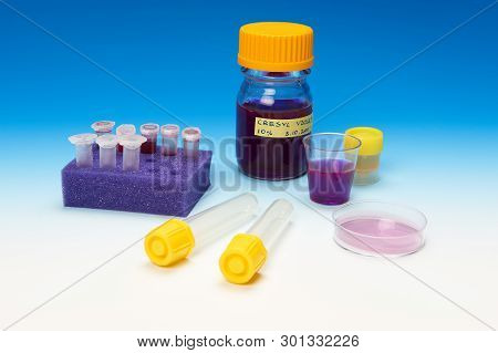 Patient Microscopic Samples And Staining Solutions On Blue Background. All Captions Were Generated F