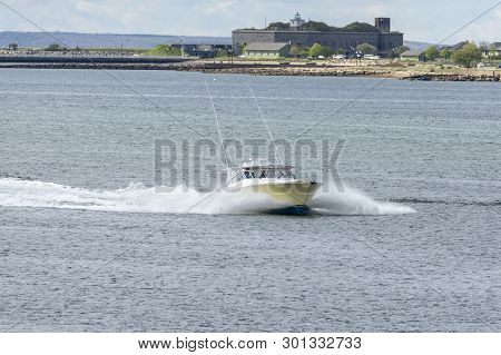 New Bedford, Massachusetts, Usa - May 15, 2019: Powerboat Lucky Penny, Hailing Port Ft. Lauderdale, 