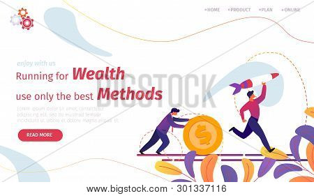 Running For Wealth Use Only Beast Methods Horizontal Banner. Businessman Rolling Huge Dollar Coin, B