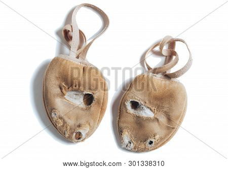 Shoes For Rhythmic Gymnastics Very Worn Active Use, A Lot Of Training Isolated On White Background
