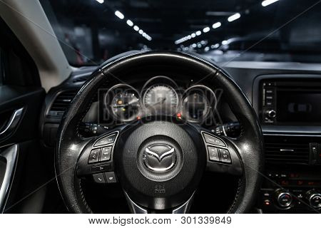 Novosibirsk, Russia - May 15, 2019:  Mazda Cx-5,close-up Of The Dashboard, Speedometer, Tachometer A
