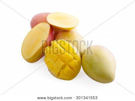 Mango Fruit With Mango Cubes And Slices. Isolated On A White Background