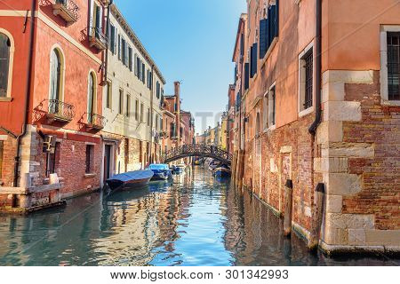 View Of Canal Rio Priuli O De Santa Sofia And Bridge In Venice. Italy