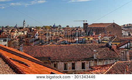 Top View Of Red Roofs From Terrace Of Fondaco Dei Tedeschi In Venice. Italy