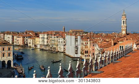 Top View Of Grand Canal From Roof Of Fondaco Dei Tedeschi In Venice. Italy