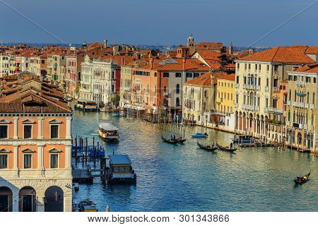 Top View Of Grand Canal From Roof Of Fondaco Dei Tedeschi In Venice. Italy