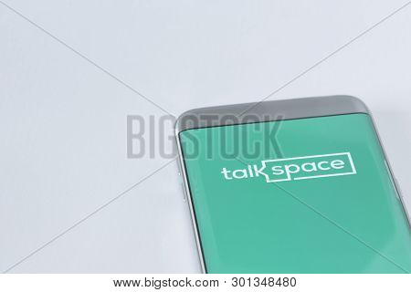 Newcastle, Australia - May 11, 2019 Image Of Talkspace App On A Smartphone On A White Background