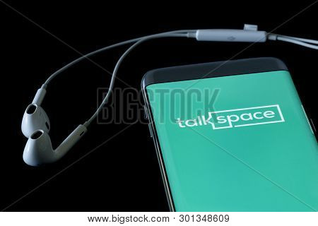 Newcastle, Australia - May 11, 2019 Image Of Talkspace App On A Smartphone On A Black Background