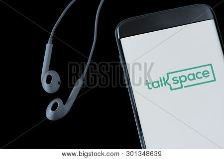 Newcastle, Australia - May 11, 2019 Image Of Talkspace App On A Smartphone On A Black Background